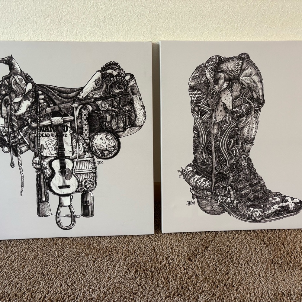 Black & White Western Saddle and Boot Art Prints - Set of 2